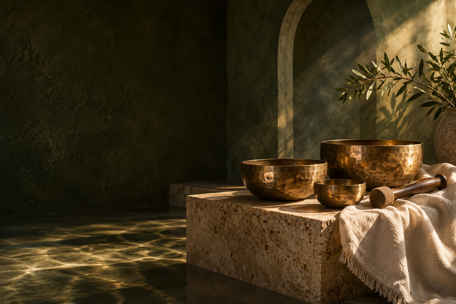 Bronze singing bowls in warm light